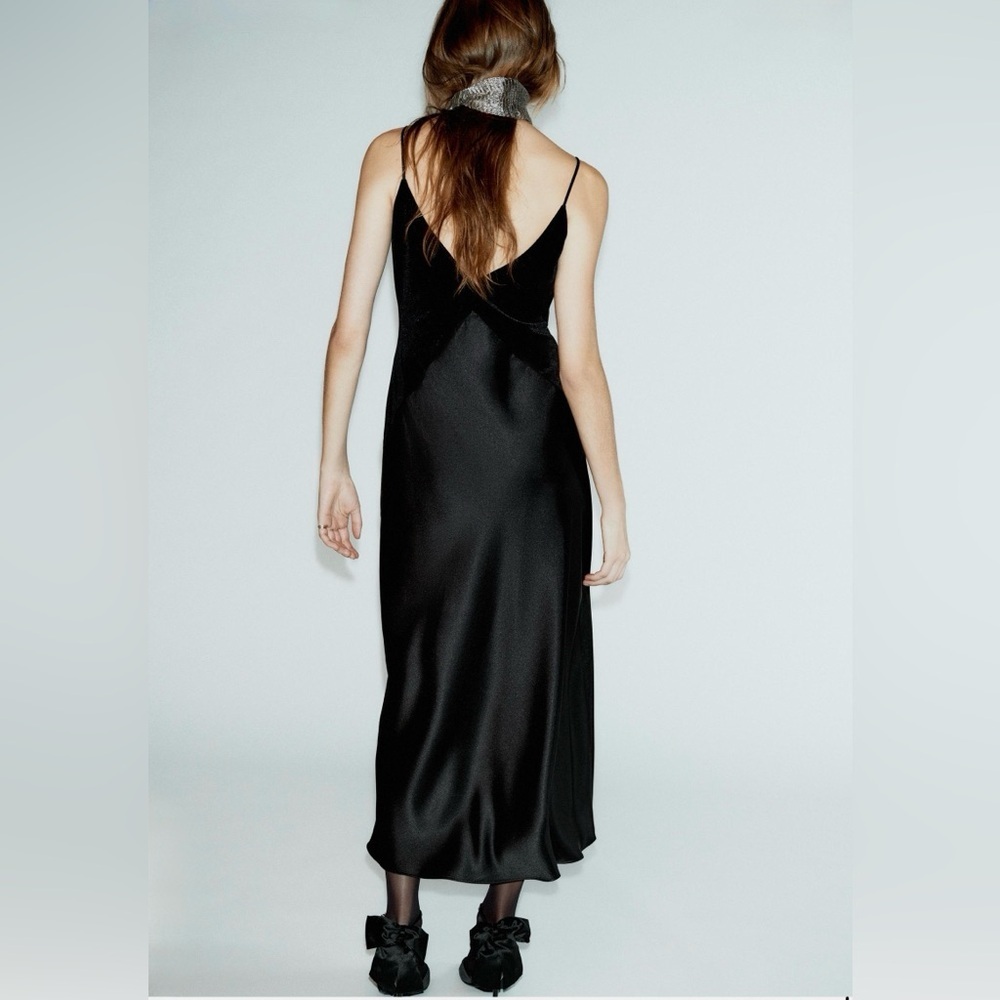 ZARA Black Velvet & Satin Lace Inset Midi Slip Dress - Size M - Picture 14 of 14